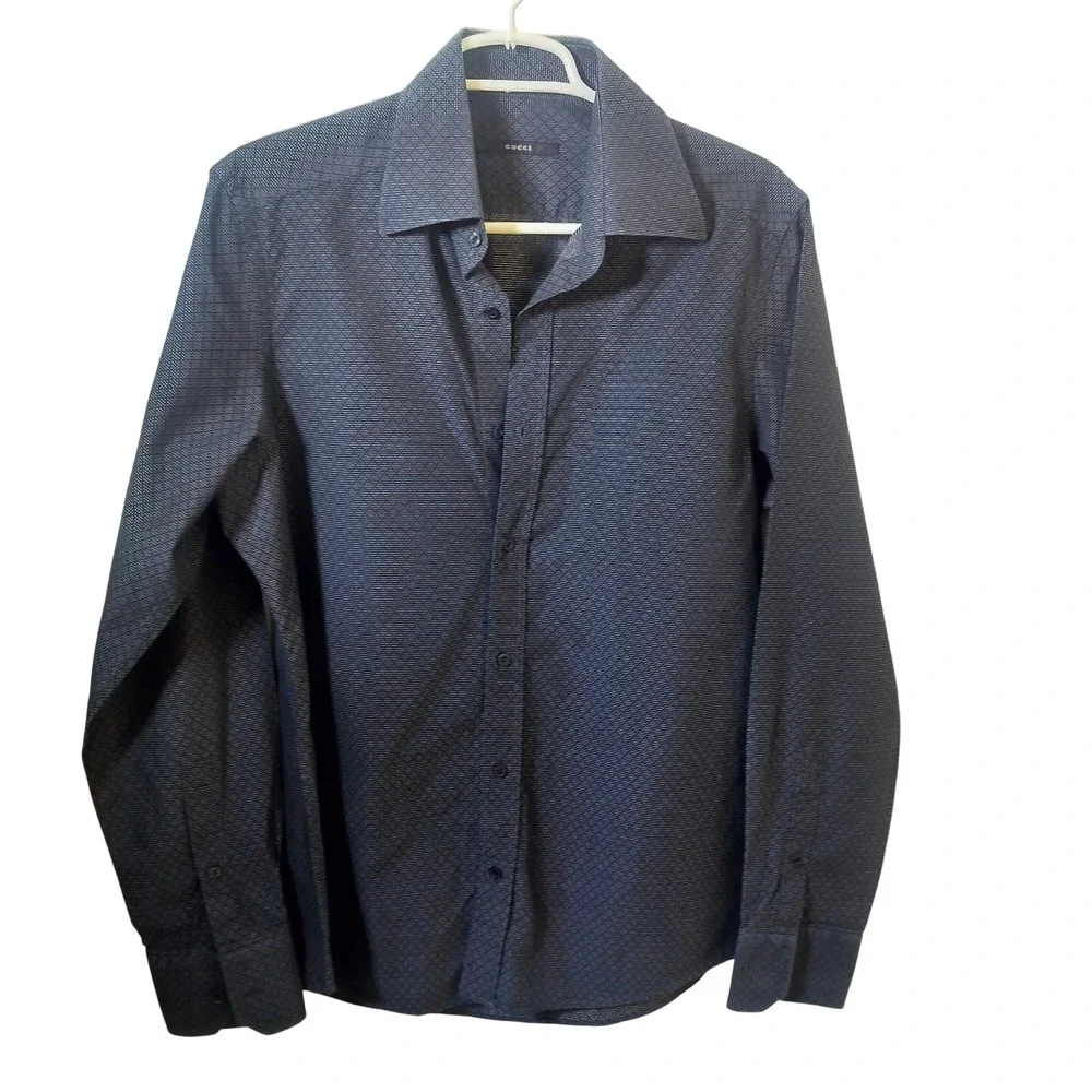Gucci Mens Navy Blue Micro Geometric Diamond Long Sleeve Button Down Shirt 41 16